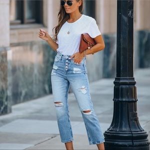 VERVET Thalia Super High Rise Button Fly Front Distressed Denim Straight Jeans